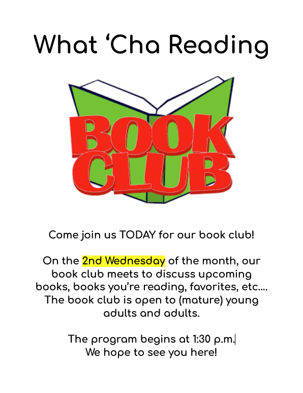 flyer for book club every 2nd Wednesday of the month